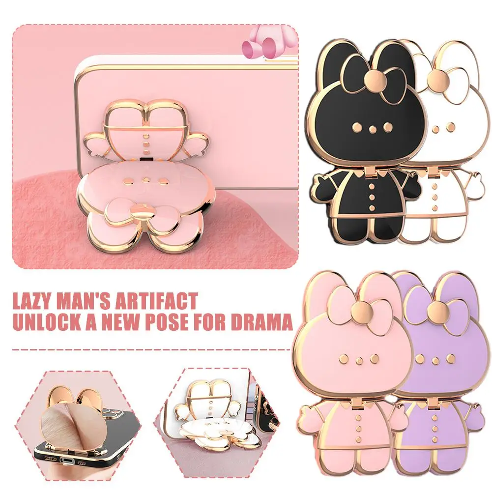 3D Cute Bunny Phone Stand Universal Mobile Phone Foldable Holder Cute Make Up Holder 2 1 In With Holder Finger Phone Mirror Y6M4