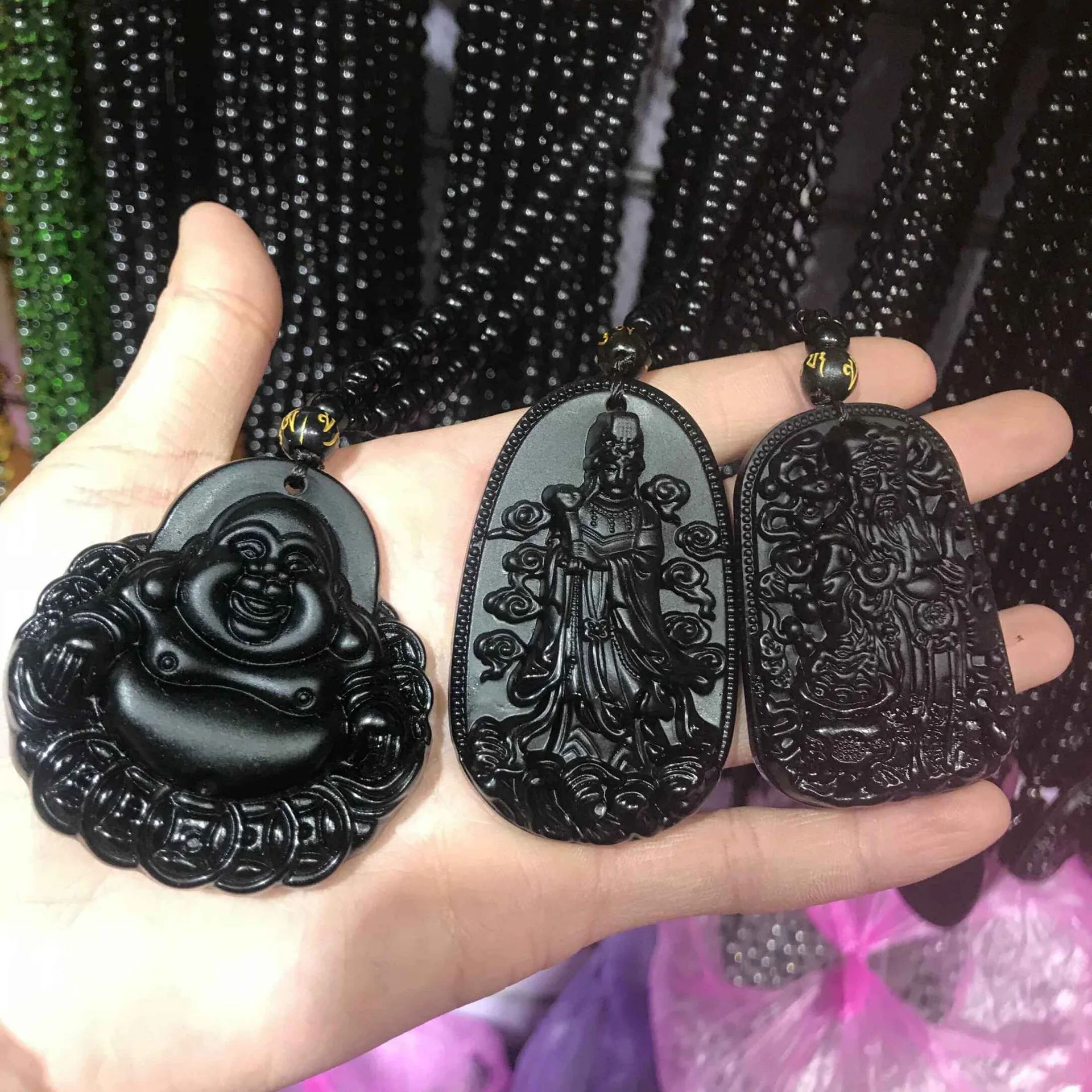 Amitabha Pendant Necklace Black Obsidian Carved Buddha Lucky Amulet Necklaces For Women Men Jewelry Elder Festival Gifts Jewelry