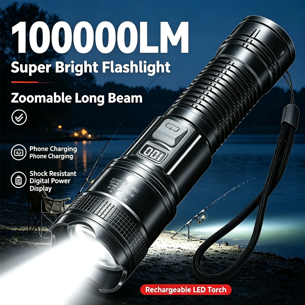 100000LM Super Bright Rechargeable LED Flashlight Long Range Tactical Torch Handheld Lamp Outdoor Camping Fishing EmergencyUse ﻿