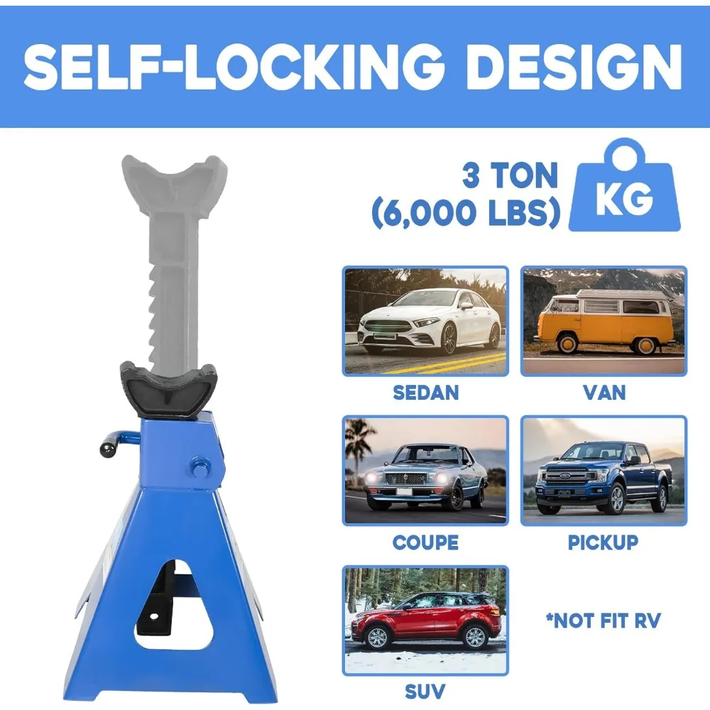 3トンの頑丈なスチール製ジャッキスタンド、高さ調節可能（11.4～16.8インチ）、ガレージや修理工場での安全な車両リフトに最適