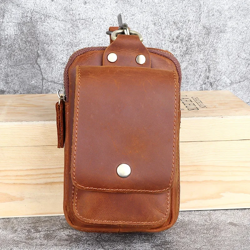 Crazy horse leather men's fanny pack retro casual mobile phone pouch top layer cowhide waistband hanging bag waist bags