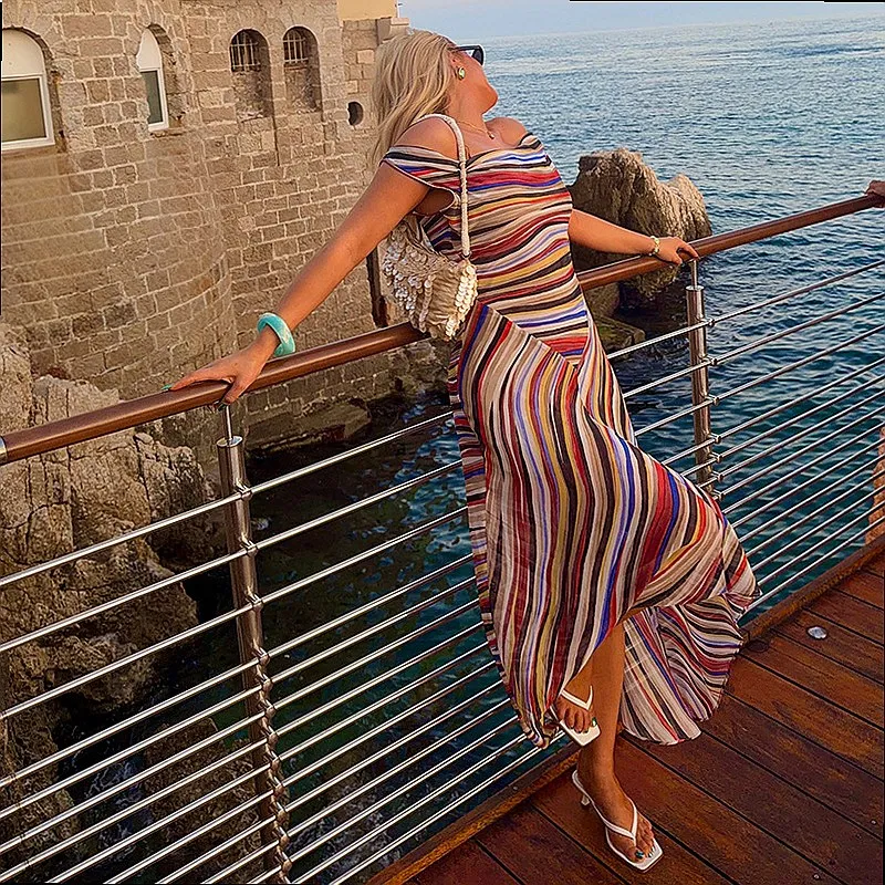 Colorblock Striped Drape Neck Sleeveless Dress Bodycon Waist Irregular Hem Long Dress Jumpsuit Playsuit for Spring Summer - view 3