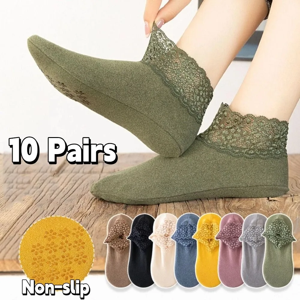 

10Pairs Simple Solid Color Winter Floor Shoes Non-slip Thicken Female Warm Socks Plush Indoor Home Slippers Unisex