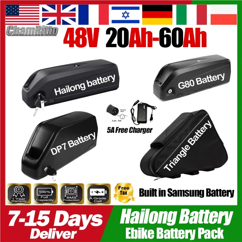 48v Hailong Triangle Battery 20 24 30 40ah 50ah 60ah Electric Bike Scooter Down tube 21700 48v 1000w 2000w 3000w Lithium Battery