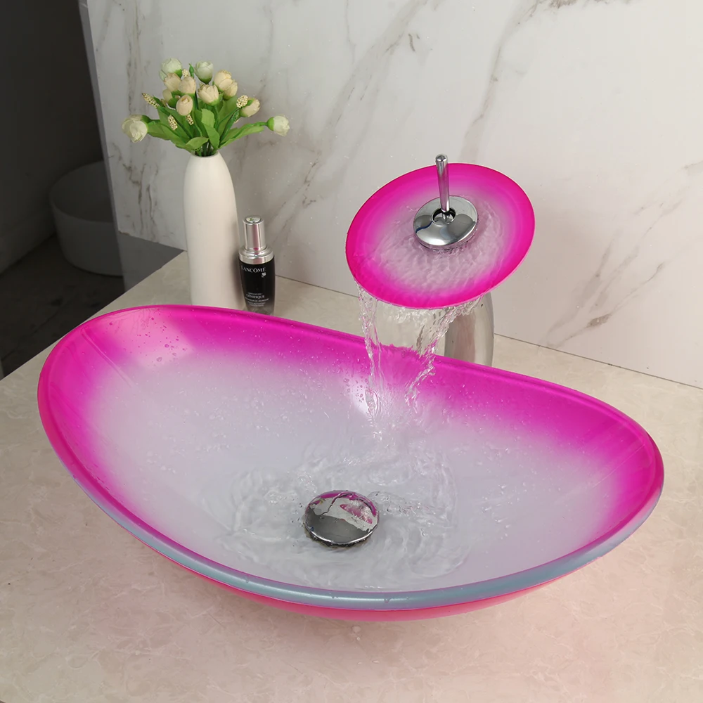 Monite الوردي بالوعة الحمام الفني مغسلة صنبور كومبو الزجاج المقسى سفينة عدة اليد الطلاء كونترتوب السلطانية حوض صنبور مجموعة #3