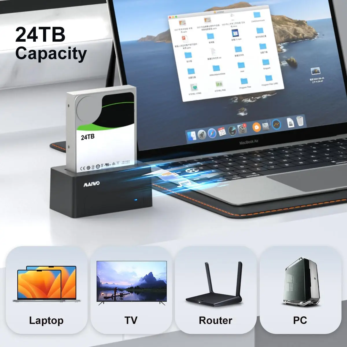 MAIWO SAS Ke USB3.0 Adaptor SAS SATA Hard Drive Enclosure Reader untuk 2.5 3.5 ''HDD SSD Kapasitas 24TB dengan Alat Listrik 12V/2A Gratis