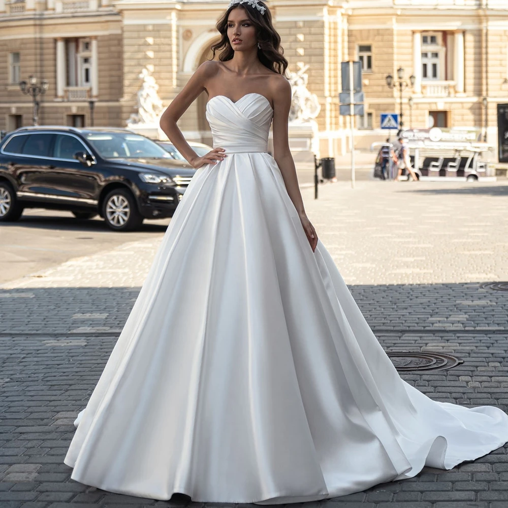 

Simple Elegant A Line Strapless Wedding Dresses 2022 Sleeveless Backless Satin Princess Bridal Gowns For Women Vestidos De Noiva