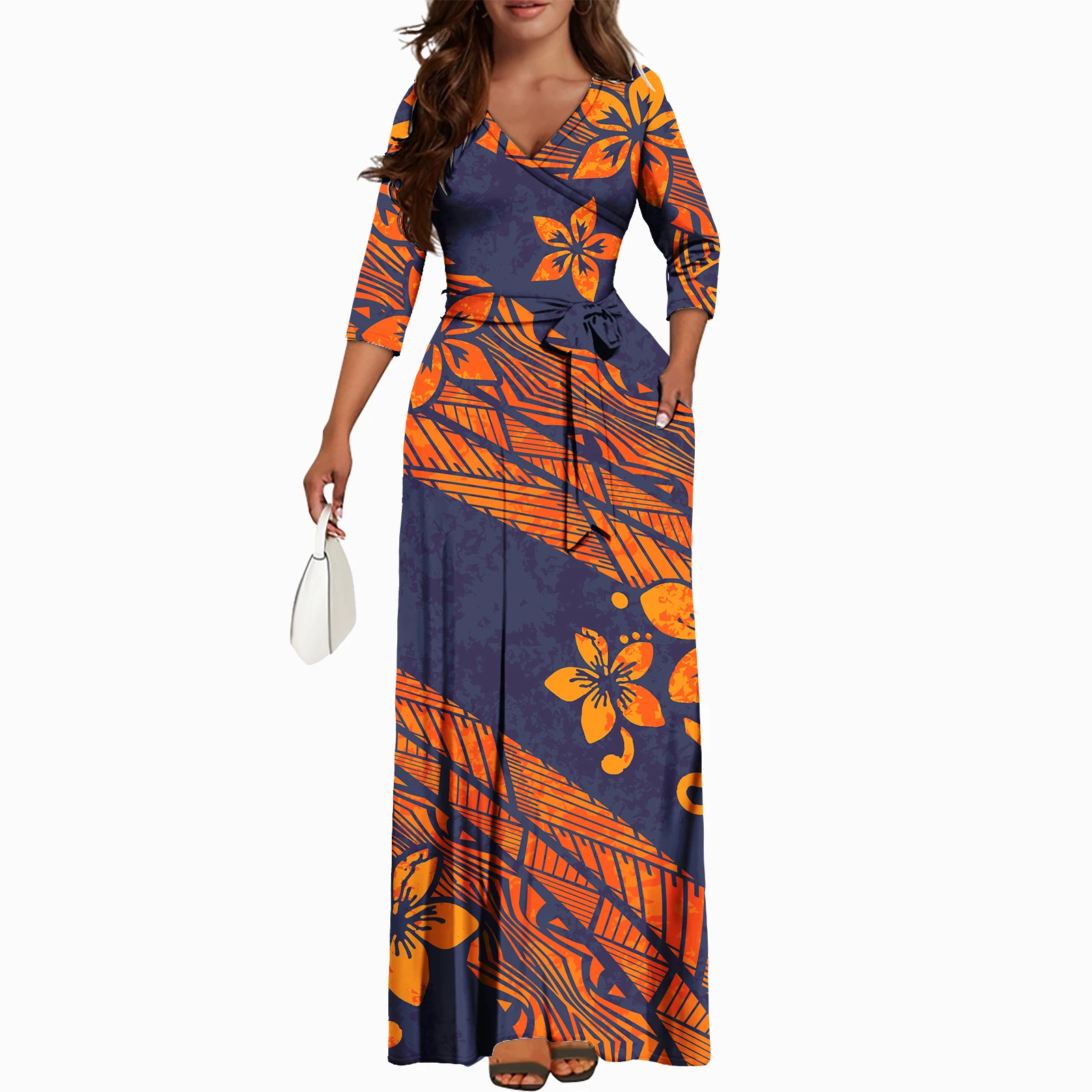 Fall Island Style Slim Dress With Pockets Plus Size Formal Luxury Design Polynesian Hawaiian Elegant Women\'s Dresses