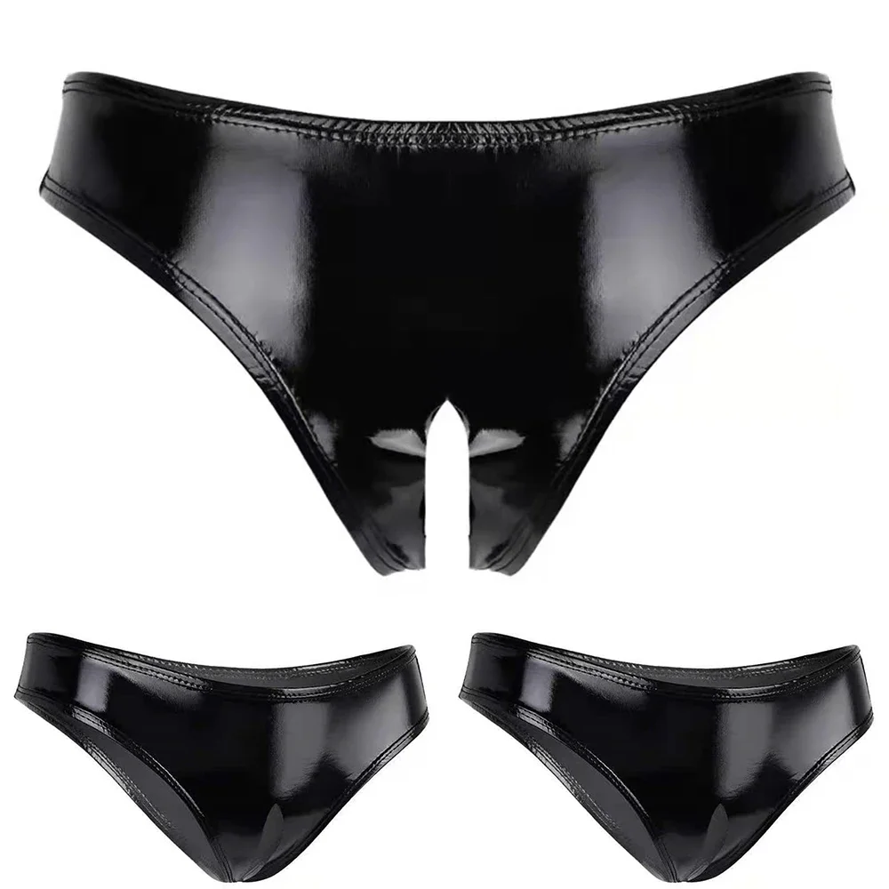 Women Ladies High Bright PVC Patent Leather Sexy Open Panties Open Crotch Briefs Sexy Crotchless Briefs Party Clubwear Costume