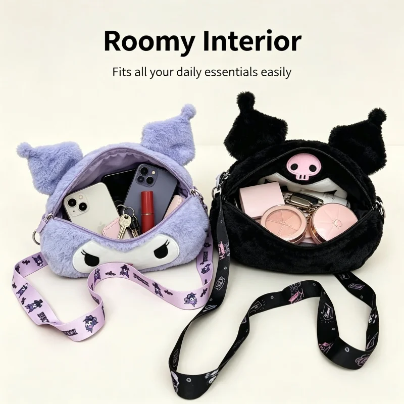 New Cartoon Skull Kuromi Plush Shoulder Bag Japanese Cute Girl Heart Hand Lifting Diagonal Cross Bag Storage Bag view 2