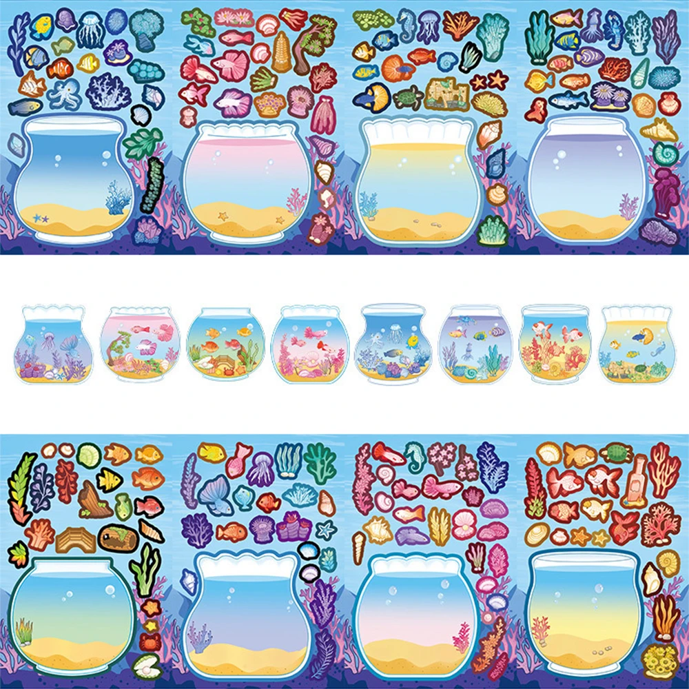 8/16 ورقة مضحك خزان الأسماك لغز ملصقات الحيوانات البحرية جعل Onw DIY بها بنفسك بانوراما الشارات الإبداعية الكرتون تجميع لعبة ملصق #3