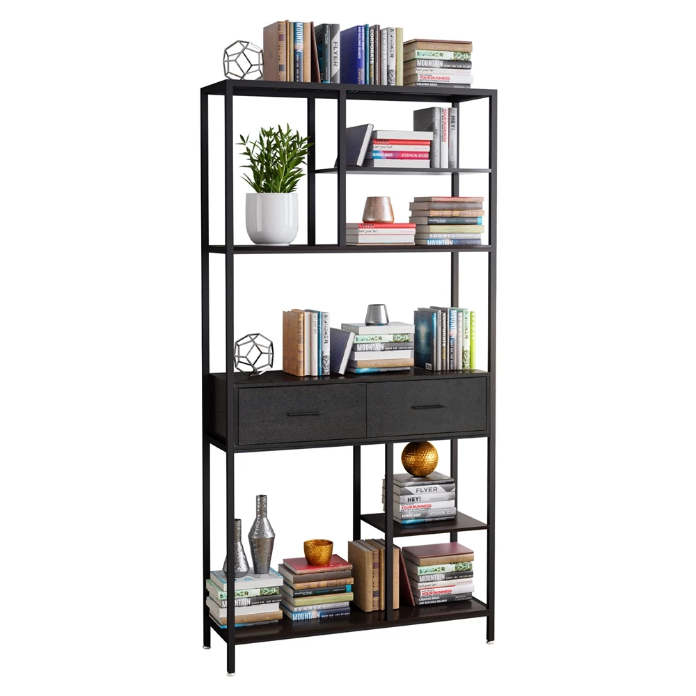 Library 5 Tiers Industrial Book Shelf with Drawers Floor Standing Book