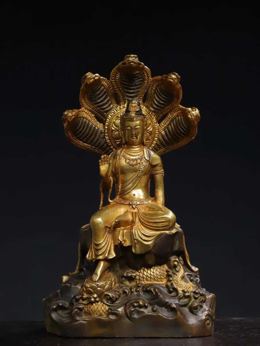 

11"Tibetan Temple Collection Old Bronze Gilded Cinnabar Nagarjuna Sitting Buddha Five headed snake Backlight Worship Hall