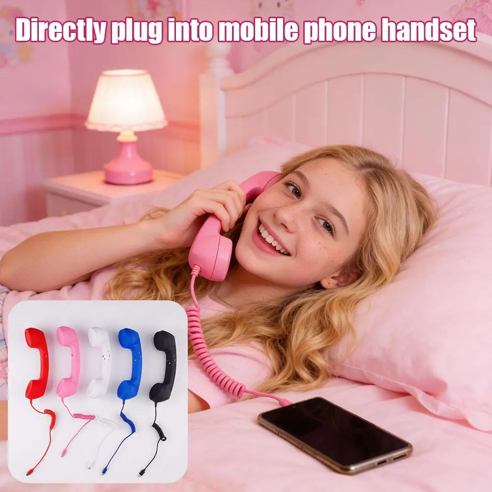 Retro Phone Handset Type-C & 3.5mm Telephone Head Set Portable Vintage Phone Headset for Cell Mobile Video Conferences