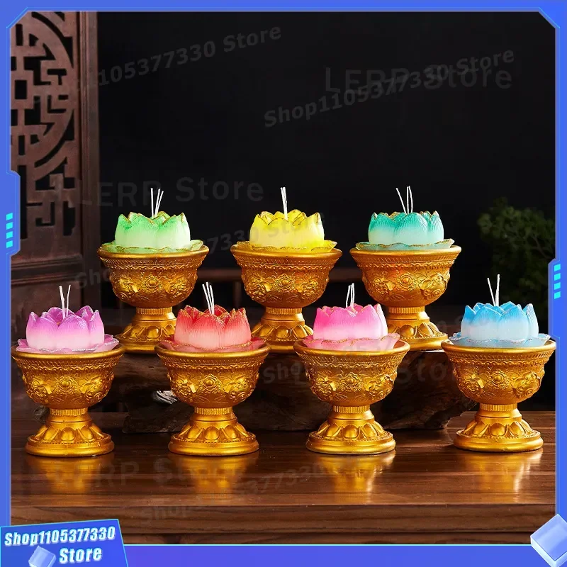 Tall Ceramic Candle Lamp Gold Bowl Lotus Design Eight Auspicious Treasures Ingot Shape Multi Color Buddhist Offering Light