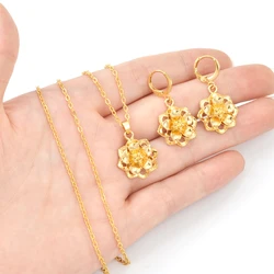 Anniyo Gold Plated Flower Sets Necklaces Earrings for Woman Girls African Ethiopian Party Jewelry Middle East Arab Dubai #172716