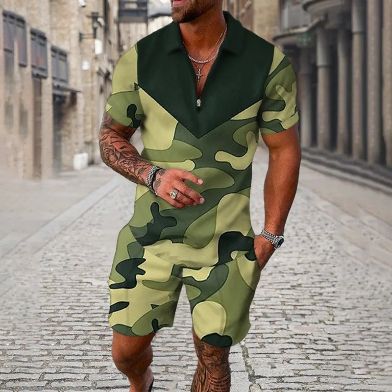 Men Polo Tracksuit 2 Piece Set 3D Print Camouflage Color Zipper Polo Shirt ShortsS ummer Man Clothing Polo Shirt Suit Clothing