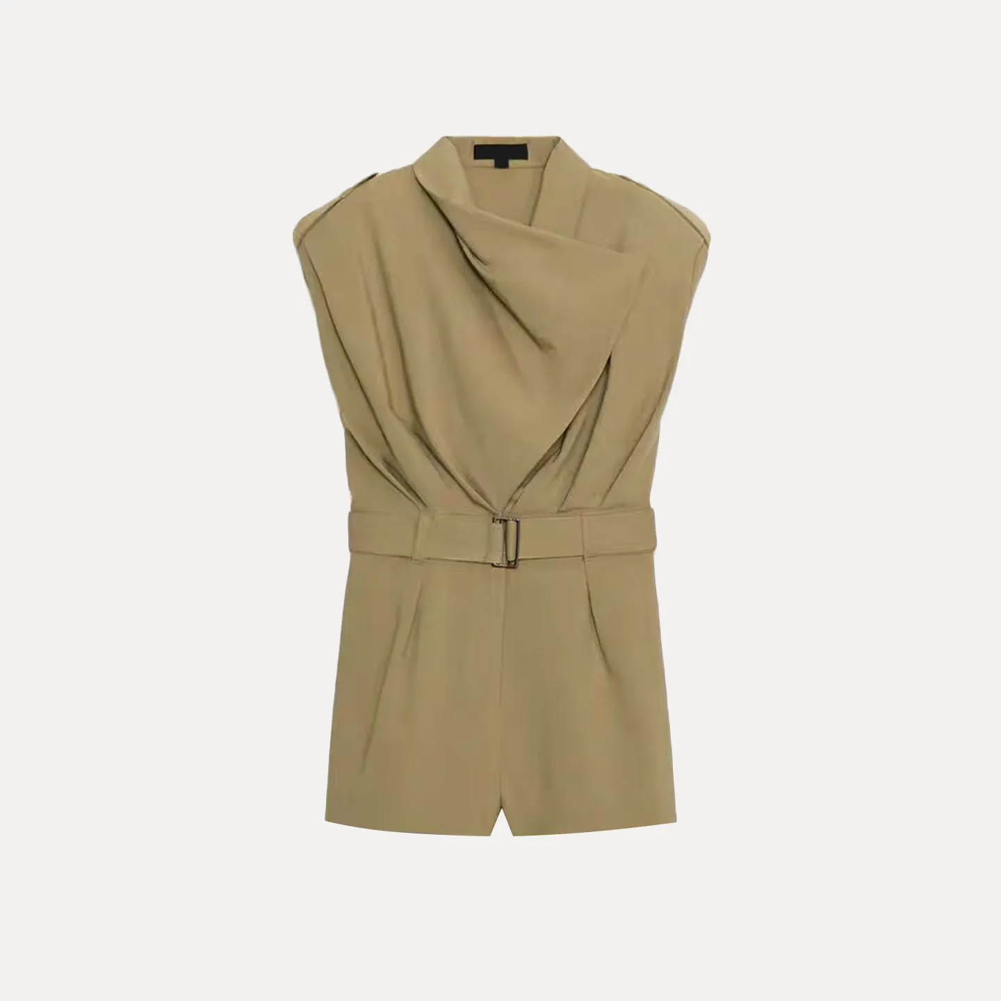 Modny kombinezon z poduszkami na ramionach, paskiem, wysokim stanem, prostymi nogawkami, spodnie damskie, elegancki, jesień 2025, wysoka jakość.