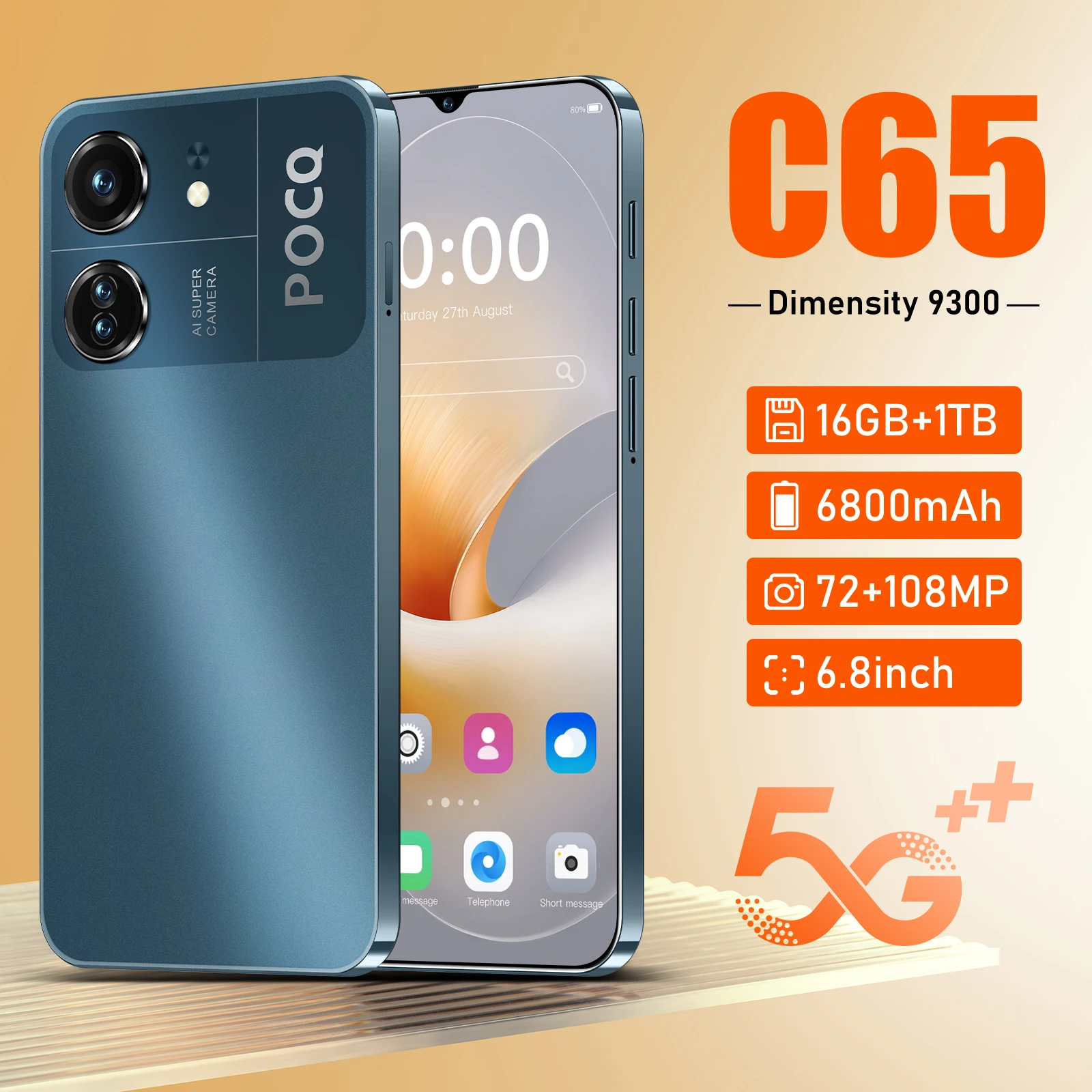 C65 New Smartphone 5G 6.8-inch 72MP+108MP High-definition Android14 Dimensity 9300 10core Dual SIM Phone 6800mAh Unlocking Phone