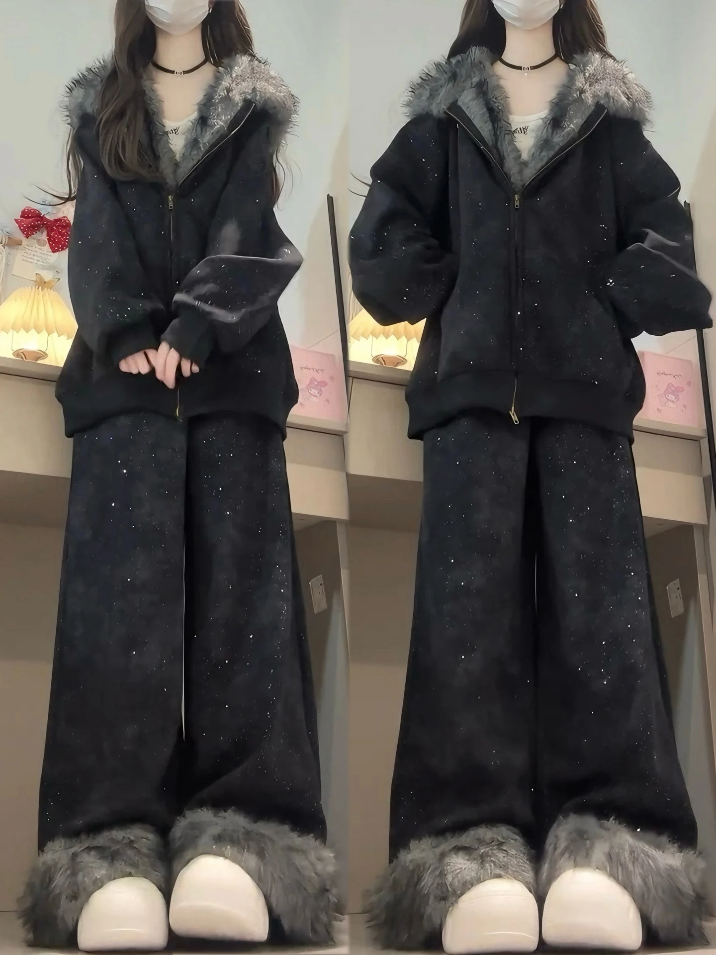 

Winter Casual Hooded Plu Jaet Sweatirt Women's plus Size Set High Waist Long Pants Comfortable Warm Faion Set