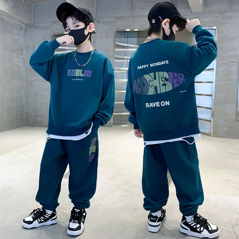 Spring Autumn Boy Contrast Alphabet Sweatshirt+Sweatpant Set School Kids Tracksuit Child Work Outfit Student Jogger Suit 5-14Yrs