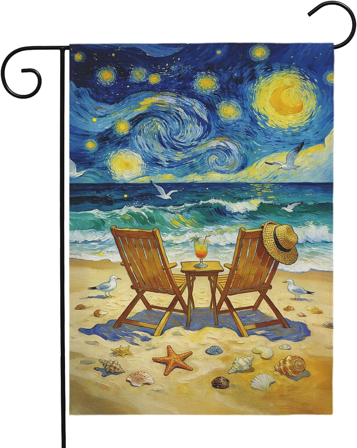 Beach Garden Flag Spring Summer Coastal Yard Flags Van Gogh Inspired Starry Night Style Ocean Seaside Chairs House Banner fo AAS