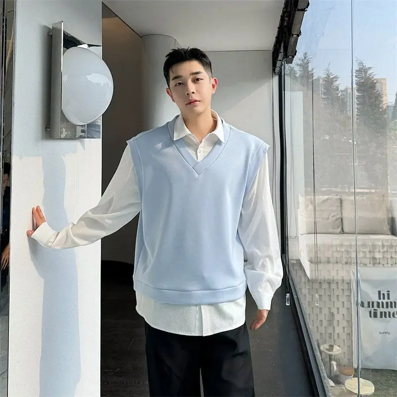 Fashion Men Fake Two-in-One Pullover V Neck Spliced White Collar Sweatshirt Loose Long Sleeve Casual Layered Streetwear Tops