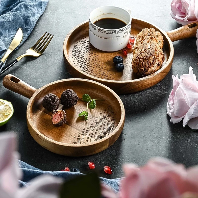 Round Acacia Wood Serving Tray – Japanese Retro Wooden Platter for Tea Set, Outdoor Picnic, Camping, BBQ & Drink Holder