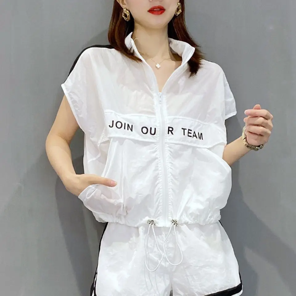 

Large Sized Women's Clothing Letter Printed Zipper Sports Two Pieces Set for Women Summer Casual Fashion Wide Leg Shorts Set