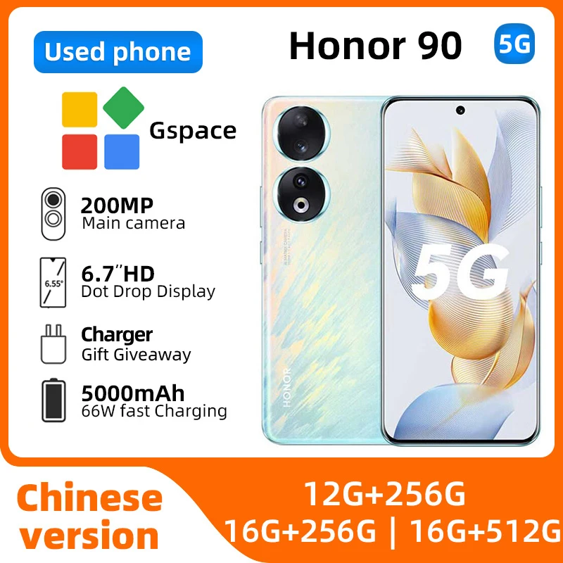 HONOR 90 5G Android Smartphone 6.7 Inch OLED Screen 200MP Camera 5000mAh Battery Used Phone