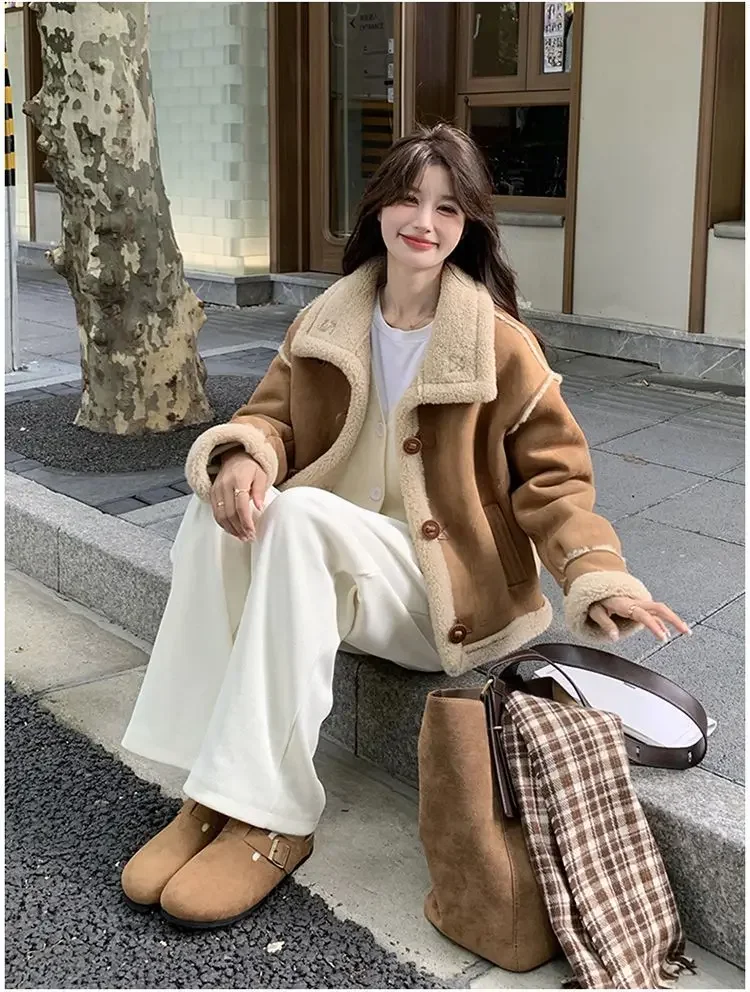 College Style Stand Collar Lamb Wool Coat Women Windproof Warm Fur Outwear Female Chic Thickened Loose Biker Jacket Streetwear