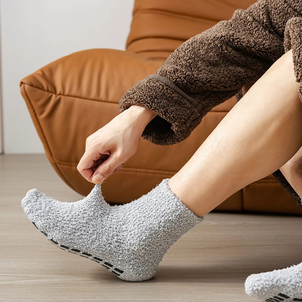 5/10 Socks Autumn Winter Men Women Non-hair Loss Coral Fleece Thicken Socks Unisex Warm Solid Color Non-slip Point Rubber Socks