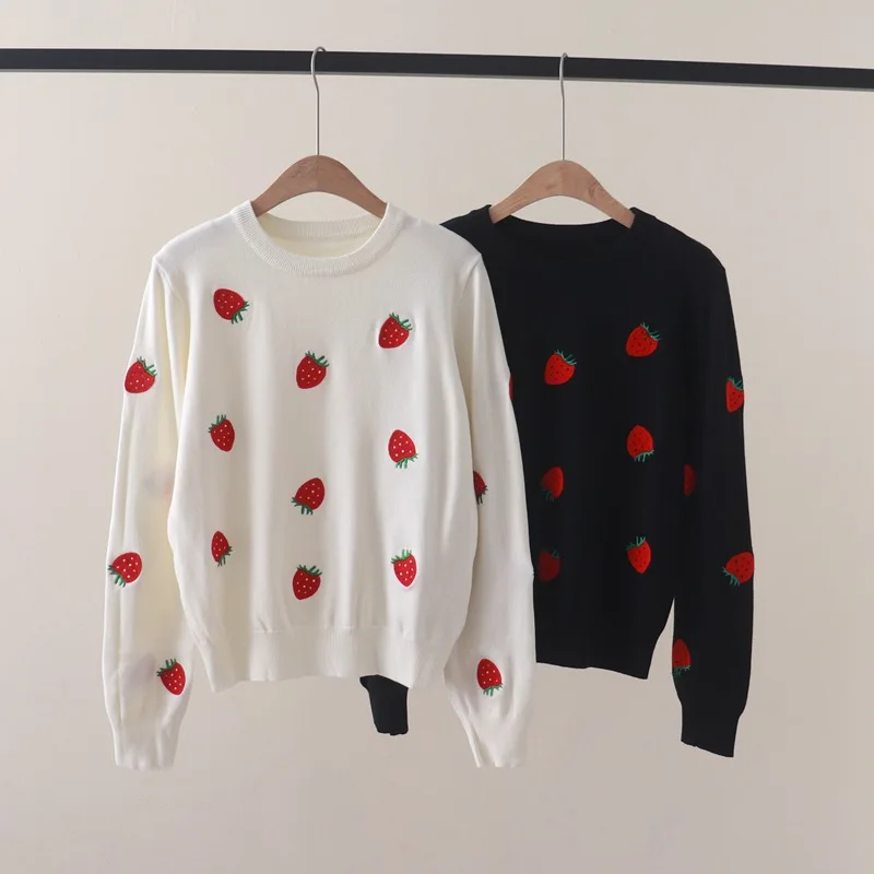 Autumn and Winter New Younger Fashion Strawberry Embroidered Crew Neck Long-Sleeved Sweater Women's Skin-Friendly Soft Glutinous