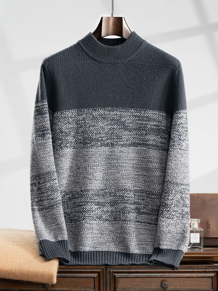 High Quality Men Autumn Winter Cashmere Sweater Mock Neck Striped Thick Pullover 100% Cashmere Knitwear Soft Warm Clothing Tops