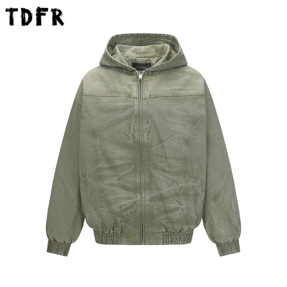 

Spliced Hooded Cargo Jacket Mens Washed Distressed Retro Safari Style Loose Long Sleeve Outerwear Man