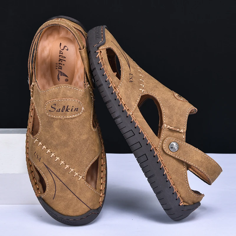 New Handmade Summer Sandals Men Breathable Leather Shoes Man Outdoor Men Sandals Antiskid Beach Sandals Hollow Shoes Footwear