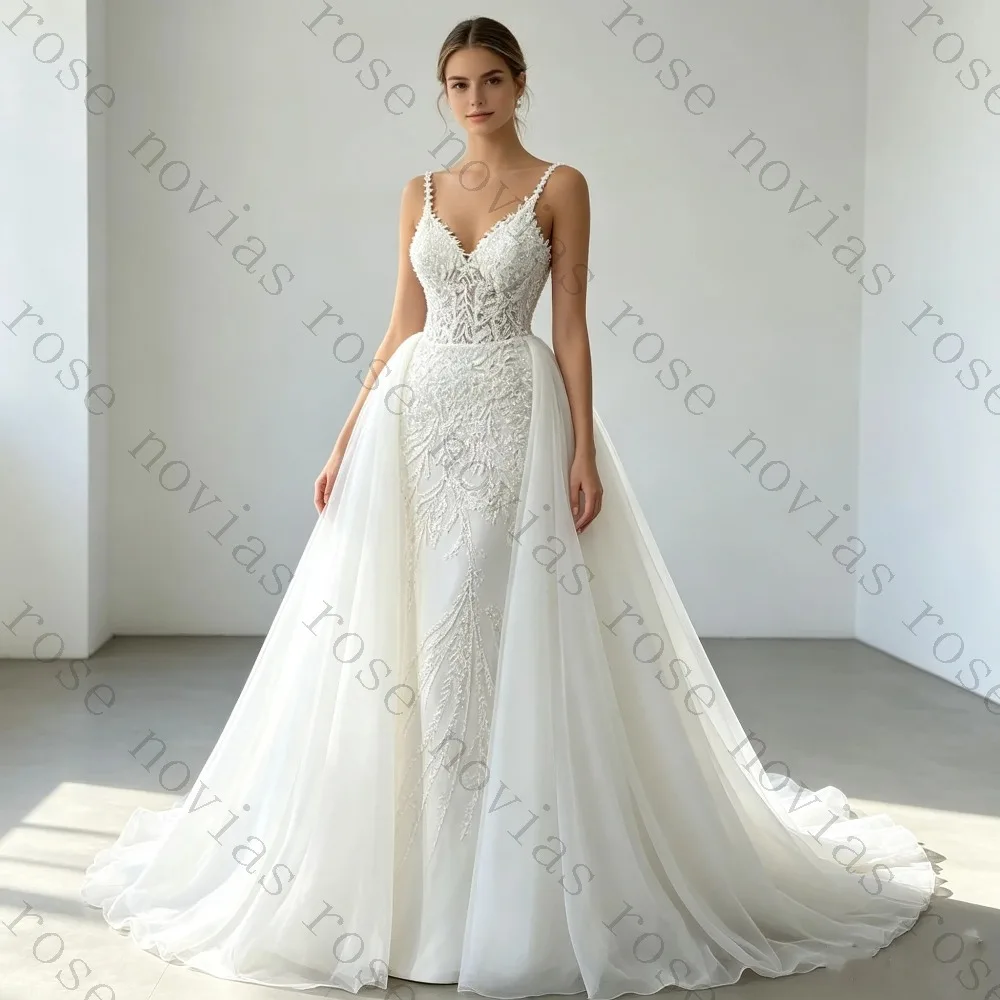 Customized Lace Thin Shoulder Strap Wedding Dress 2026 V-neck Chiffon Detachable Mermaid Bride Gown Beach Bohemian Luxurious