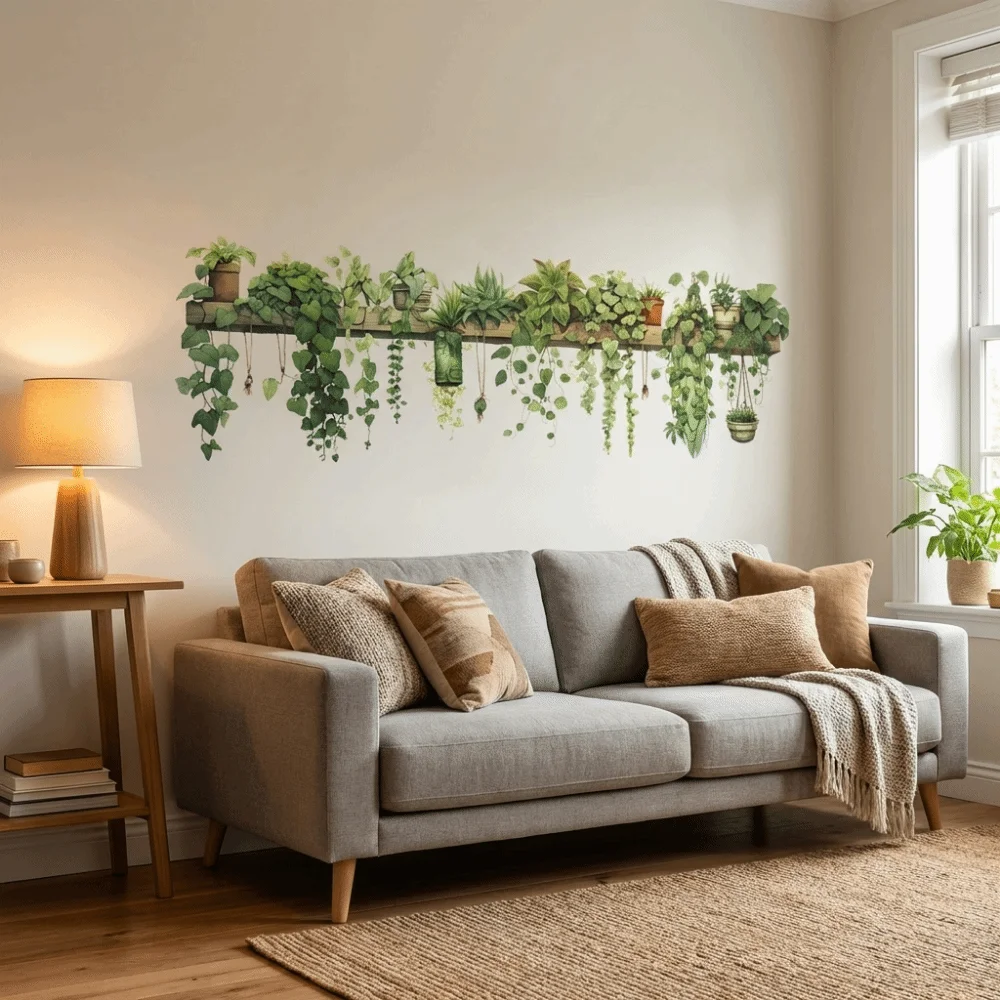 Green Plant Green Leaves Wall Stickers Hanging Basket PVC Plant Branch Wall Decoration Non-toxic Waterproof Wall Decals Bedroom