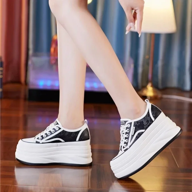 Women's Breathable 9CM High Heel Leather Vulcanized Shoes 2024 New Internally Elevated Women's Breathable Casual Sports Shoes