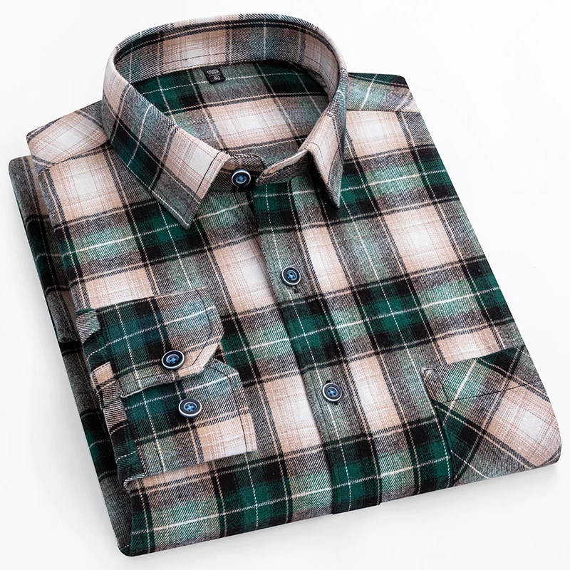 Cotton Plaid Casual Long Sleeve Shirts For Man M-11XL Plus Size Winter Warm Flannel Chic Clothes Business Smart Dress Shirts Top