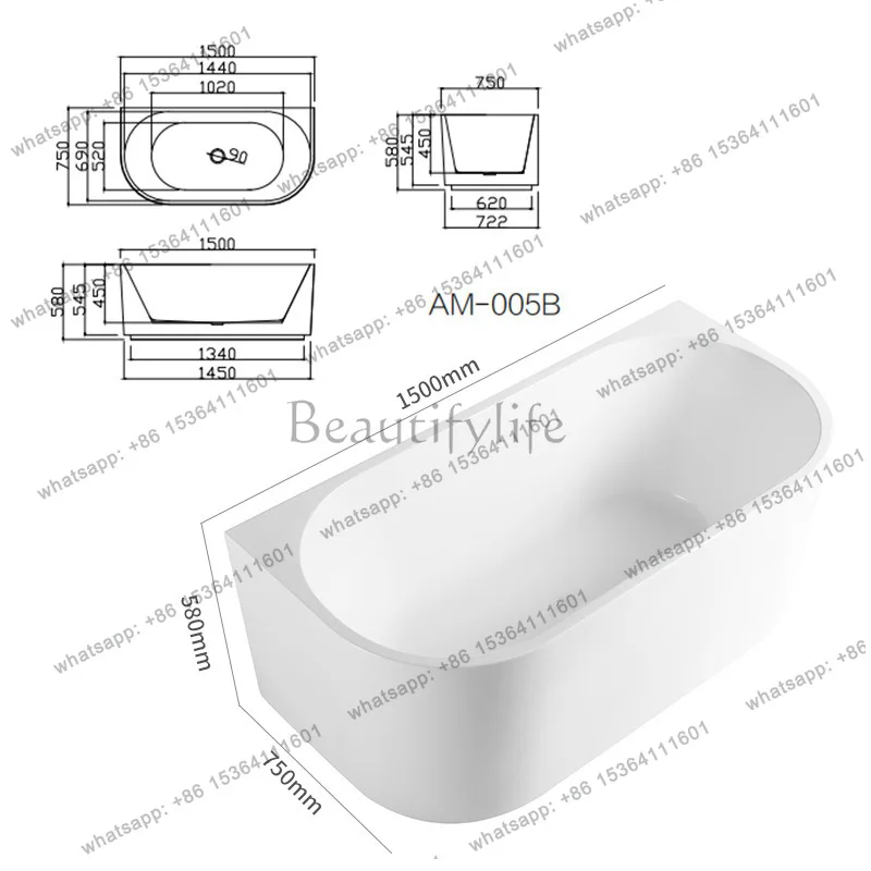 Modern Simple Acrylic Bathtub Home B & B Hotel Free-standing Adult Deep Soaking Bath