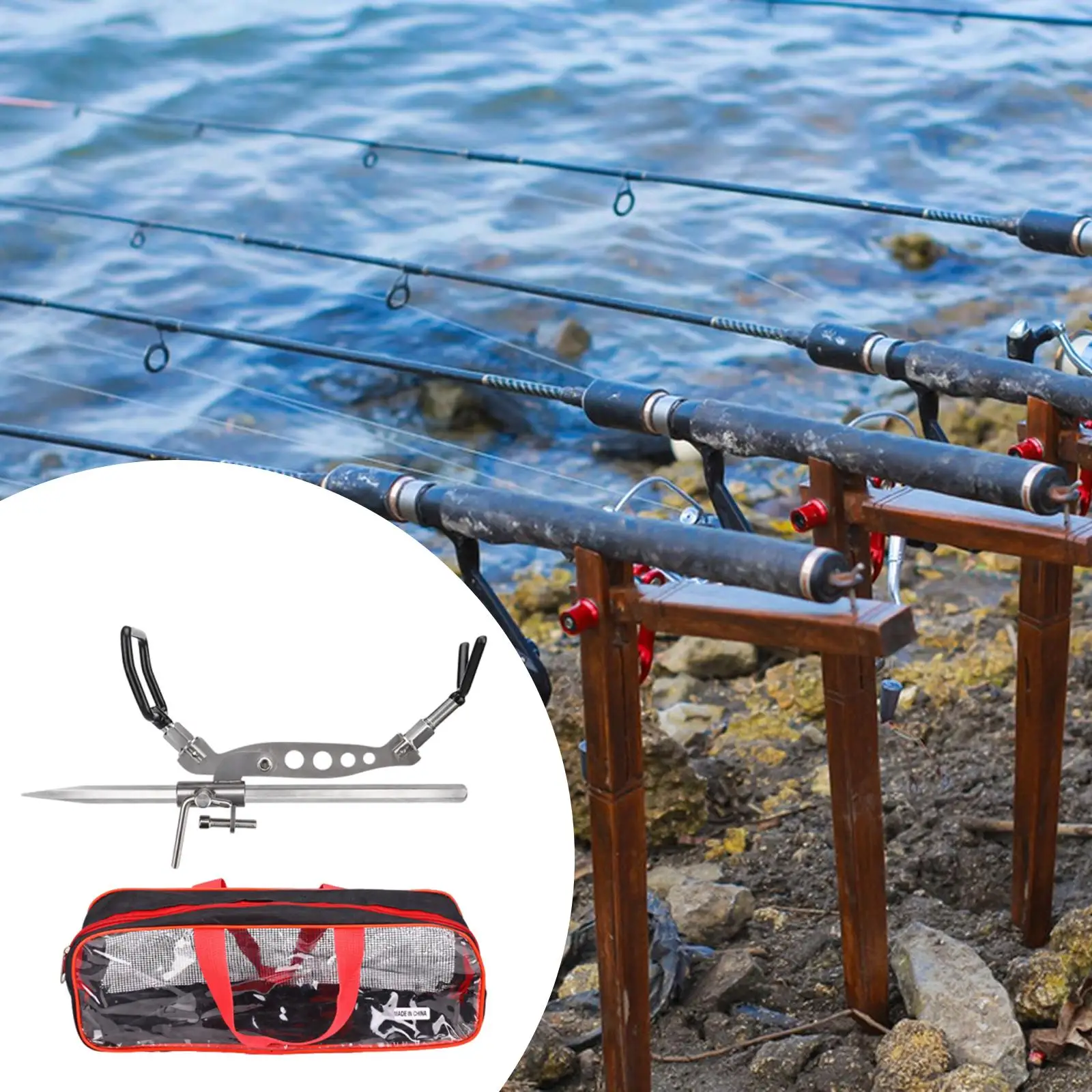 

Fishing Rod Rack with Storage Bag for Ground Stainless Steel Folding Non Slip Rustproof Fishing Tool Support Stand Portable