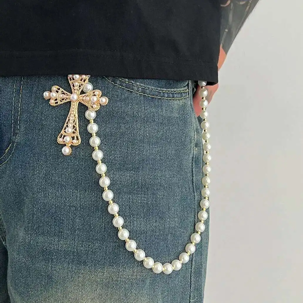 KunJoe Hip Hop Big Jesus Cross Pendant Pants Chain Men Women Trendy Imitation Pearl Jeans Waist Chain Daily Jewelry Accessories