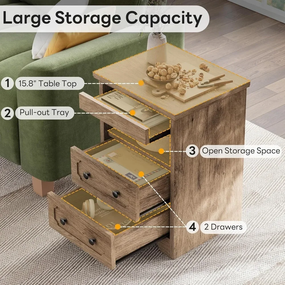 End Tables, Night Stand Modern Bedside Table with 2 Drawers, Open Shelf End Table with Pull-Out Tray for Bedroom Live Room
