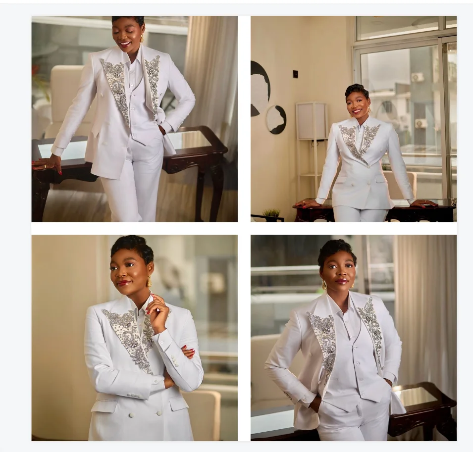 

White Women Suit Pants Set 3 Pcs Blazer+Vest+Trousers Stone Crystals Formal Office Lady Jacket Customized Wedding Tuxedos Coat