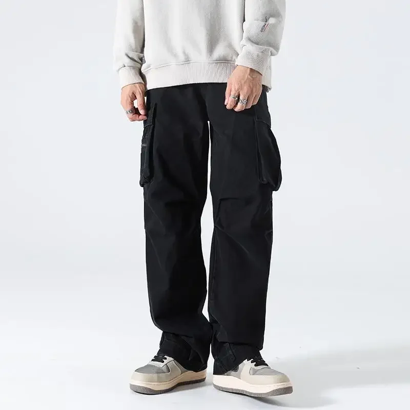 FJMAN-Pantalon Cargo Droit et Large pour Homme, Multi-Poches, Gris, Bas Longs, Vêtements de Styliste en Coton, Bon Marché