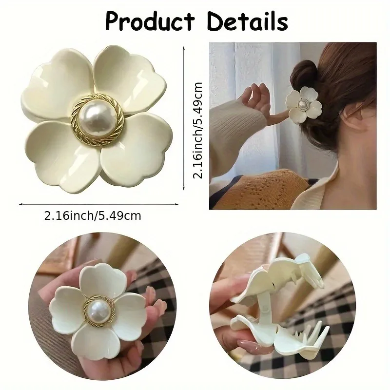 Elegant Flower Shaped Hair Claw Clips With Faux Pearl Decor, Nonslip Hair Clips For Women, Strong Hold Hair Accessory