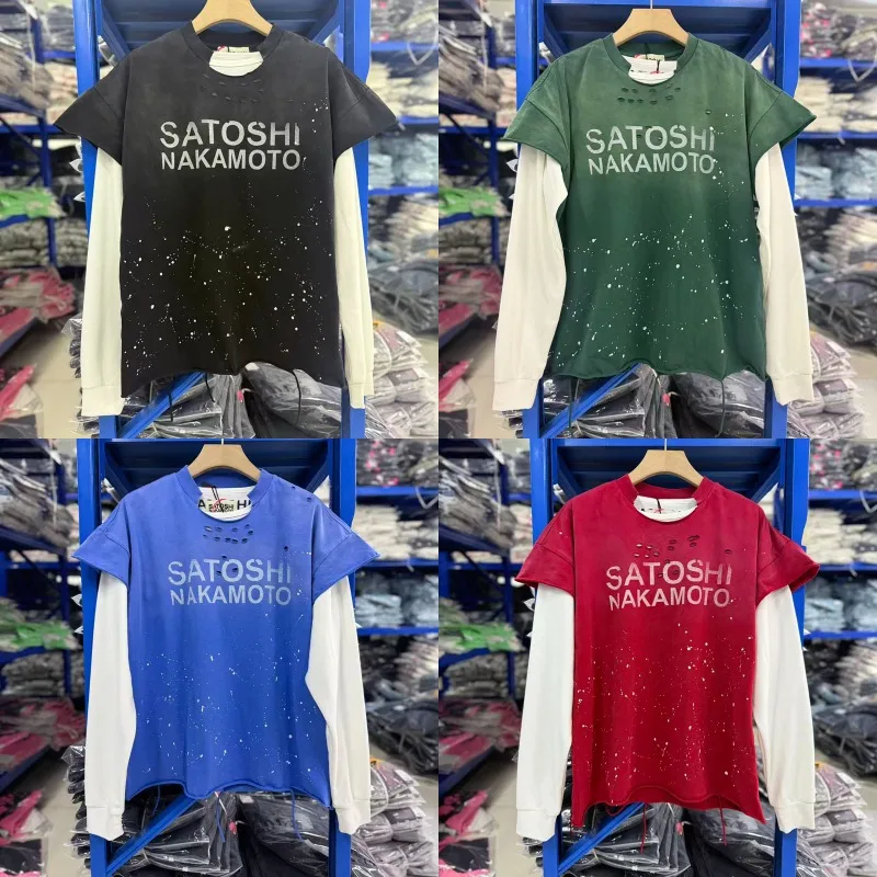 Men Women Washed Vintage Splatter Print Satoshi Nakamoto Sleeveless T-shirt Distressed Hole Design Gradient Color Loose Tank Top