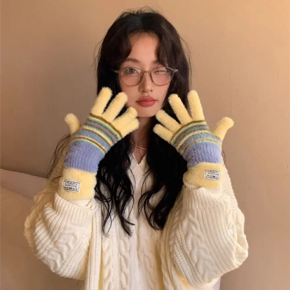 Casual Korean Style Colorful Striped Gloves Harajuku Soft Striped Knitted Gloves Warm Rainbow Color Full Fingers Mittens Outdoor