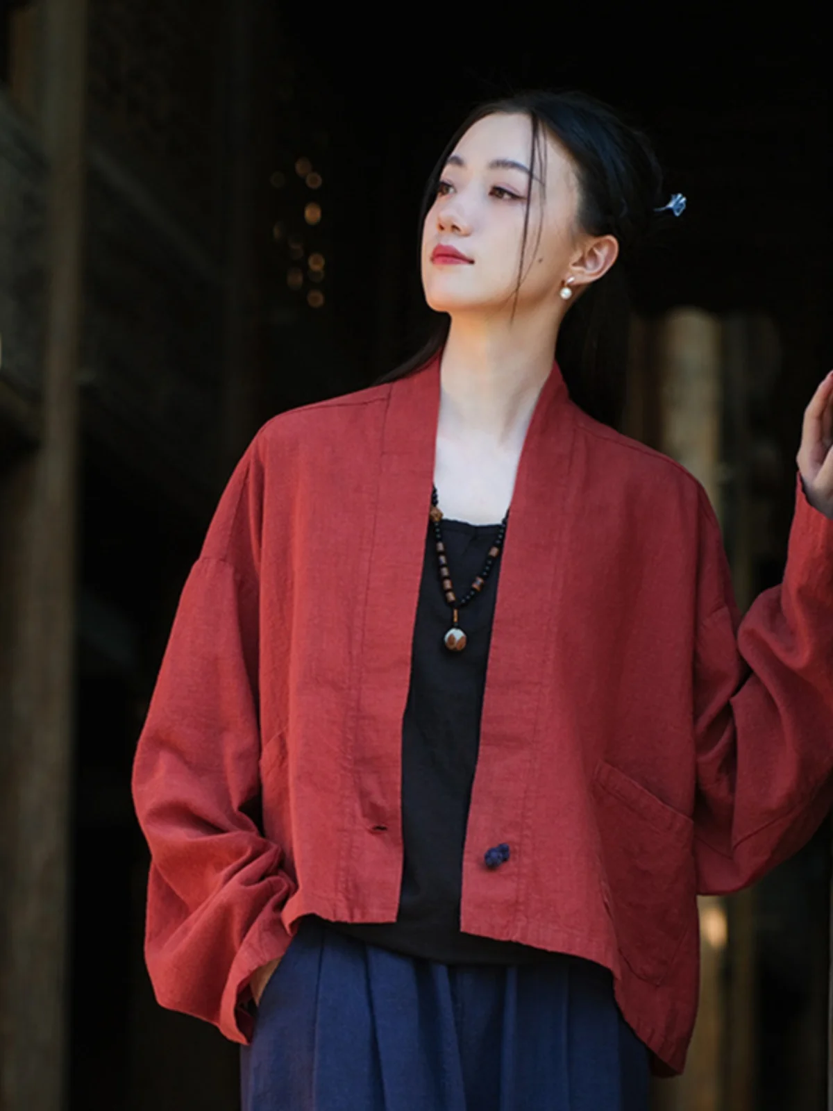 New Chinese Style Women's Short Open Cardigan Cotton Linen V-Neck Buttoned Hanfu Tea Clothing Loose Fit Batwing Sleeve